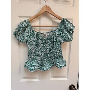 Sim+Sam Green White Floral Crop Top Size Medium Cottagecore Peasant Puff Sleeve
